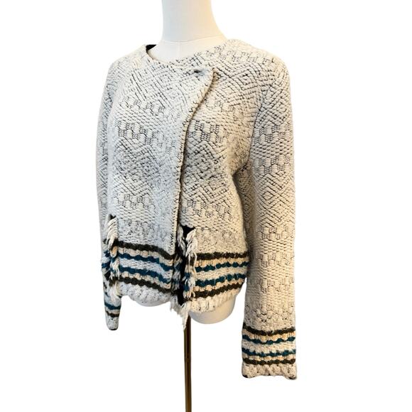 Leo & Sage Women's Striped Sweater Jacket Off White Size Large Wool Art to Wear - Picture 3 of 7